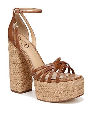Shop Sam Edelman Women's Kade Square Toe Crossover Strap Espadrille High Heel Platform Sandals In Rich Cognac