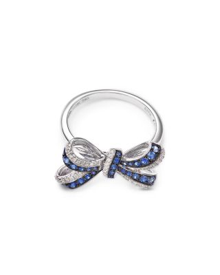 Blue Sapphire & Diamond Bow Ring in 14K White Gold
