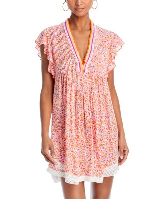 Poupette St. Barth - Sasha Floral Print Mini Dress in Orange Ocean Flowers