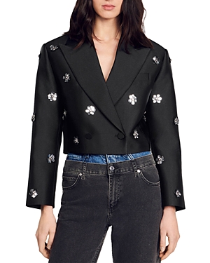 Shop Sandro Flowers Double Breasted Cropped Embellished Jacket In Black