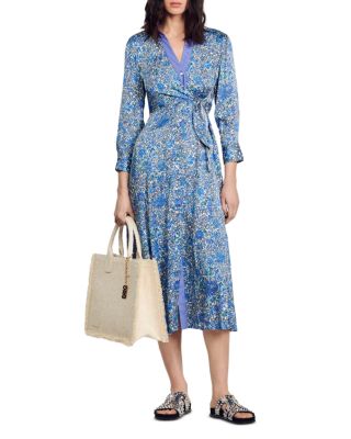 Sandro Satin Floral Wrap Midi Shirt Dress