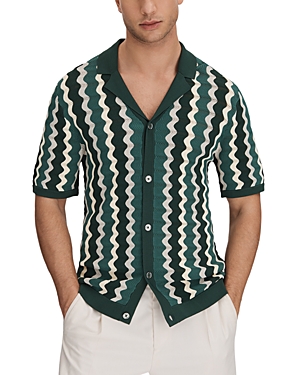 Shop Reiss Waves Short Sleeve Button Front Camp Shirt In Green Mult