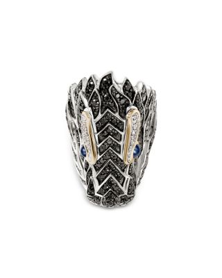 14K Yellow Gold & Silver Naga Diamond, Black Sapphire, Blue Sapphire, & Black Spinel Dragon Ring