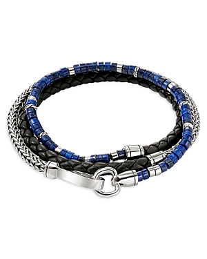 Sterling Silver & Black Braided Leather Heishi Lapis Lazuli Beaded Triple Wrap Bracelet