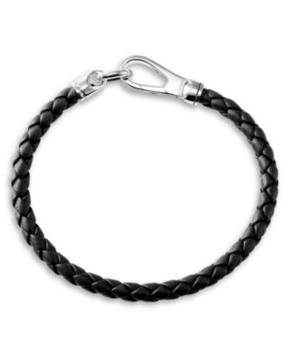 Men&#39;s Silver Woven Leather Hook Clasp Bracelet