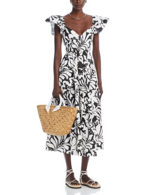 AQUA - Printed Flutter Sleeve Tiered Midi Dress - Exclusive