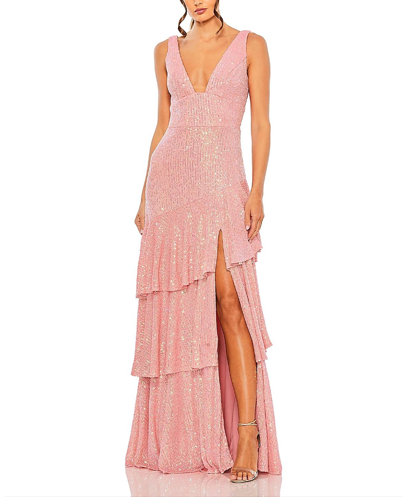 Mac Duggal Sequin Asymmetrical Ruffle Tiered Gown In Coral