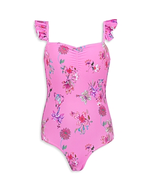 Shop Pq Swim Girls' Floral Print Ruffle Shoulder One Piece Swimsuit - Little Kid In Garden Pink