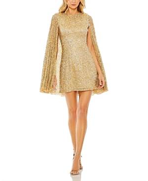 Shop Mac Duggal Sequined Cape Women's Sleeve Mini Dress In Gold