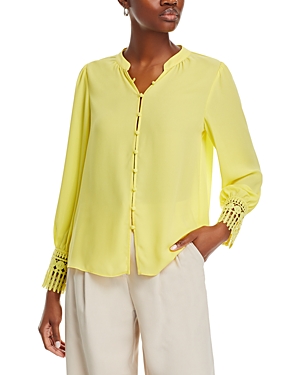 Shop Single Thread Button Front Lace Trim Crepe Blouse In Yellow Cream