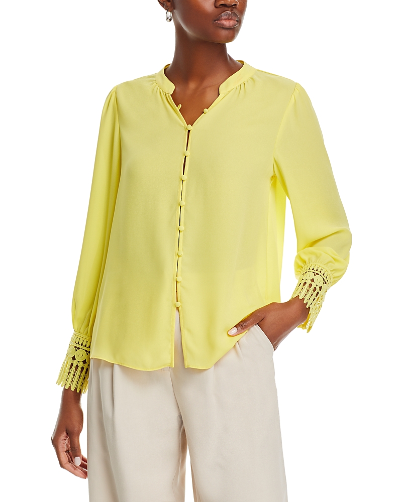 Single Thread Button Front Lace Trim Crepe Blouse In Yellow Cream