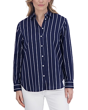 Shop Foxcroft Cotton Striped Boyfriend Shirt In Navy