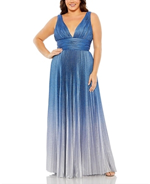 Shop Mac Duggal V Neck Ombre Pleated Gown In Sapphire Ombre