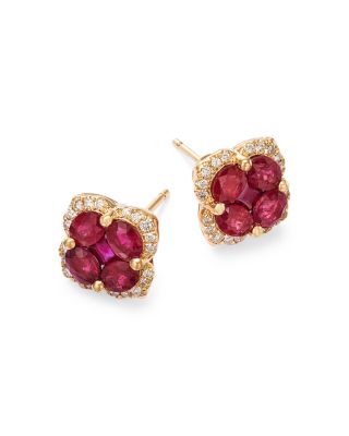 Ruby & Diamond Flower Halo Stud Earrings in 14K Yellow Gold