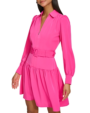 Shop Karl Lagerfeld Belted Zip Up A Line Dress In Fuchsia