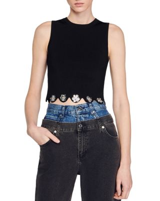 Crop Top Débardeur Sandro – Taille 1, Blanc, Coton, Col Rond, Très Bon état
