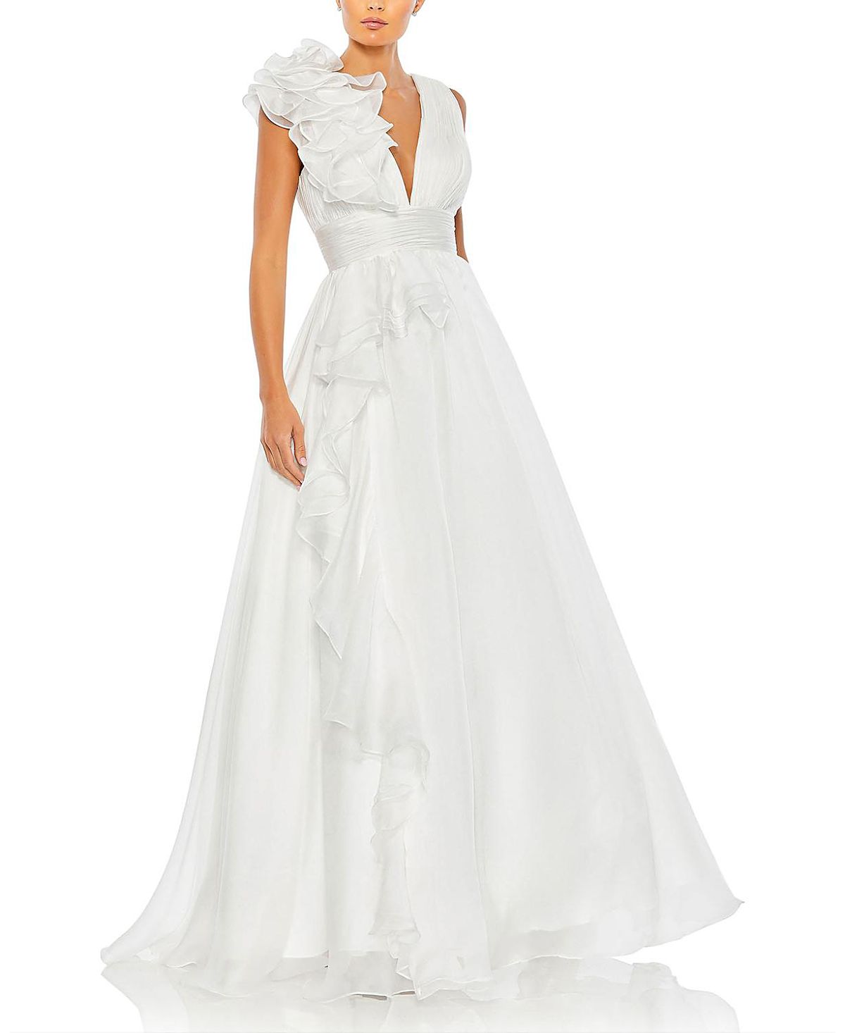 Mac Duggal Ruffle Shoulder V-Neck Chiffon Gown