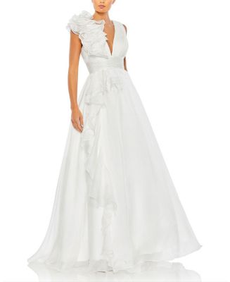Mac Duggal Ruffle Shoulder V-Neck Chiffon Gown | Bloomingdale's Women