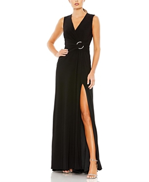 Draped Side Knot Rhinestone Ring Jersey Gown