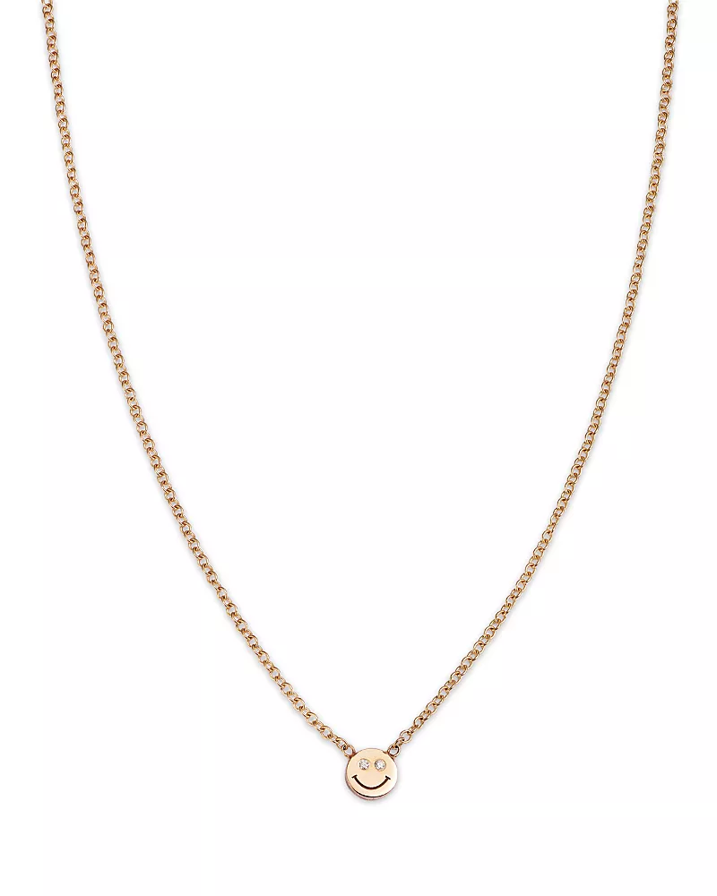 Zoe Chicco 14K Yellow Gold Itty Bitty Smiley Face Diamond Eyes Pendant Necklace, 16