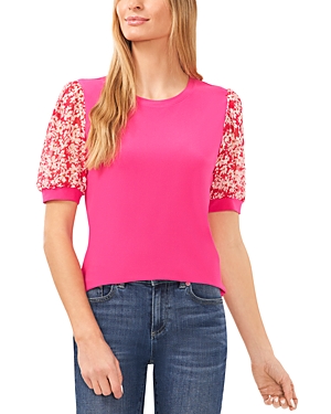Cece Daisy Puff Sleeve Mix Media Top In Bright Rose