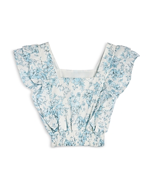 Shop Aqua Girls' Cotton Printed Fluter Sleeve Top, Little Kid, Big Kid - 100% Exclusive In Blue