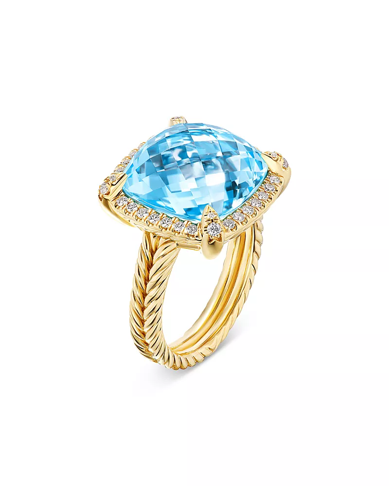 David Yurman Chatelaine Pave Bezel Ring in 18K Yellow Gold with Blue Topaz and Diamonds, 14mm