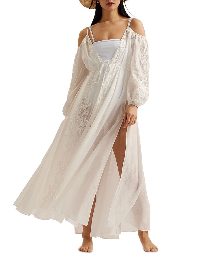 Vestido Cover Up Ted Baker Bordado - Blanco, Hombros Al Aire