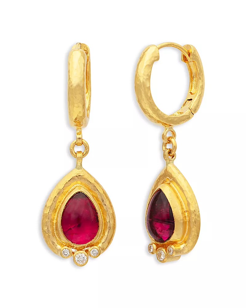 Gurhan 24K & 22K Yellow Gold Muse Pink Tourmaline & Diamond Charm Hoop Earrings