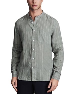 Shop Reiss Ocean Club Collar Linen Shirt In Sage Pin Stripe