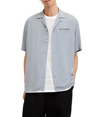 Shop Allsaints Access Cotton Logo Print Regular Fit Button Down Camp Shirt In Skyline Grey