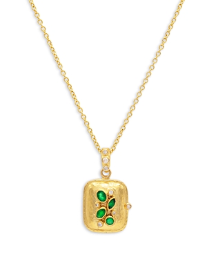 Emerald & Diamond Rectangle Locket Pendant Necklace 24K Yellow Gold, 16-18