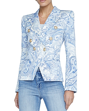 Shop L Agence L'agence Marie Printed Double Breasted Blazer In Ivory Blue