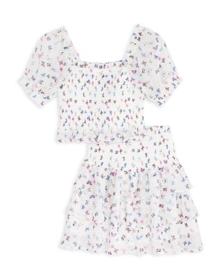 AQUA - Girls' Butterfly Clip Dot Smocked Puff Sleeve Top & Tiered Skirt, Little Kid, Big Kid - Exclusive