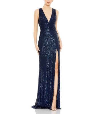 V-Neck Sequin Wrap Waist Gown