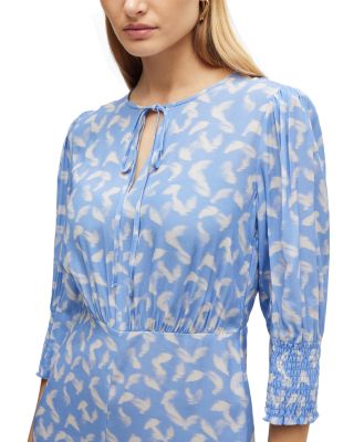 Feather Print Smocked Cuff Tea Dress