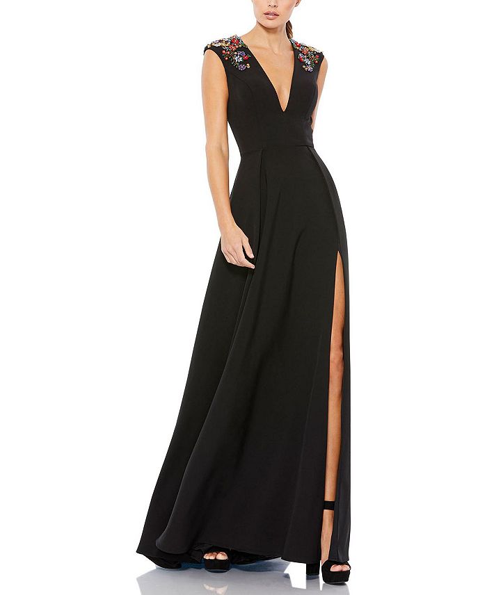 Mac Duggal Beaded Cap Sleeve V Neck A Line Gown | Bloomingdale's