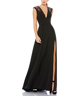 Shop Mac Duggal Beaded Cap Sleeve V Neck A Line Gown In Black