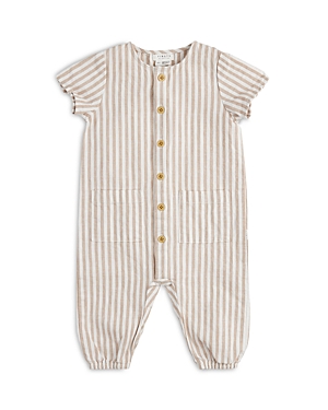 Shop Firsts By Petit Lem Boys' Striped Yarn Dyed Crosshatch Romper - Baby In Sand