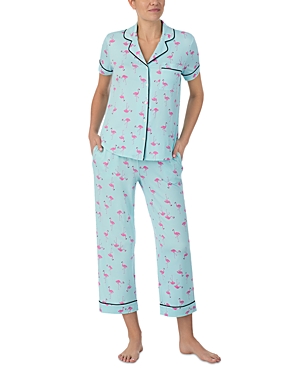 Shop Kate Spade New York Short Sleeve Knit Cropped Pajama Set In Blue Pink
