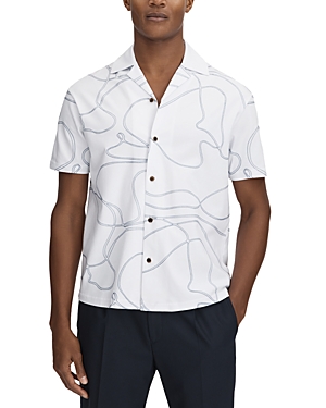 Reiss Menton Cotton Swirl Embroidered Regular Fit Button Down Camp Shirt In White/air Force