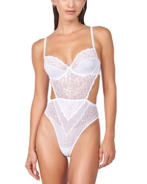 Shop Mucci Alessandra Lace Open Back Thong Bodysuit In Bianca