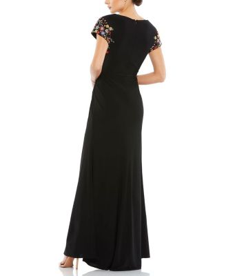 Embellished Sleeve Jersey Wrap Gown