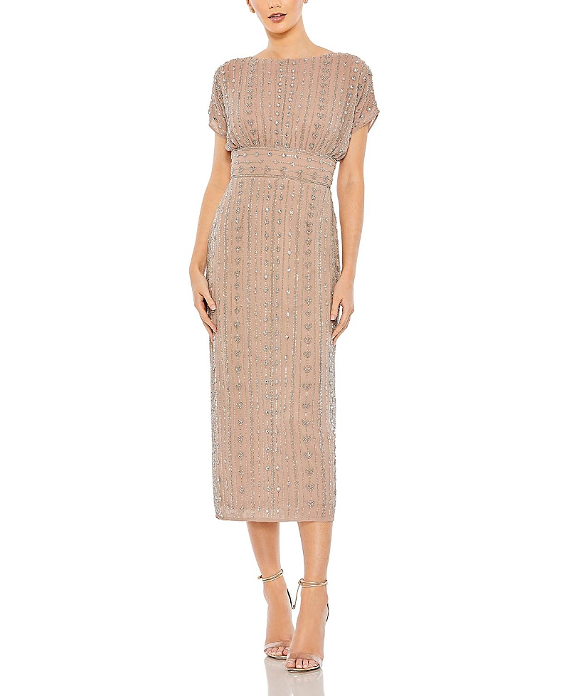 Mac Duggal Beaded Cap Sleeve Column Midi Dress