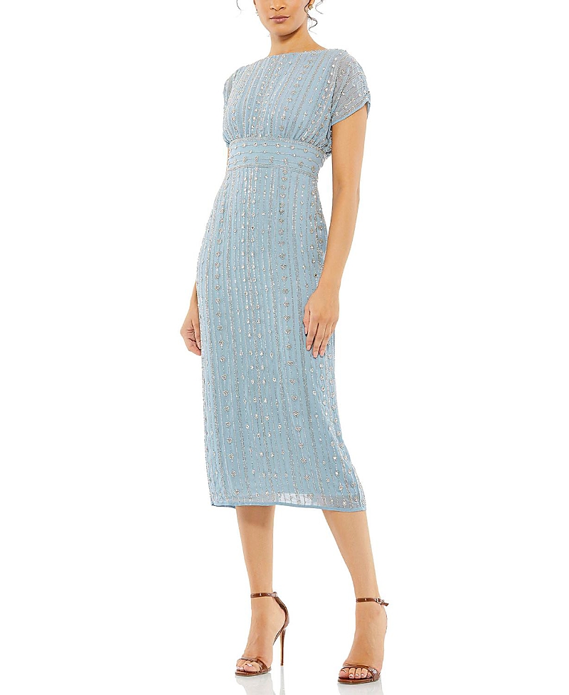 Mac Duggal Beaded Cap Sleeve Column Midi Dress