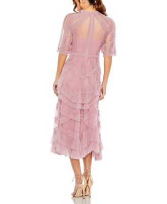 High Neck Puff Sleeve Ruffle Tiered Dress