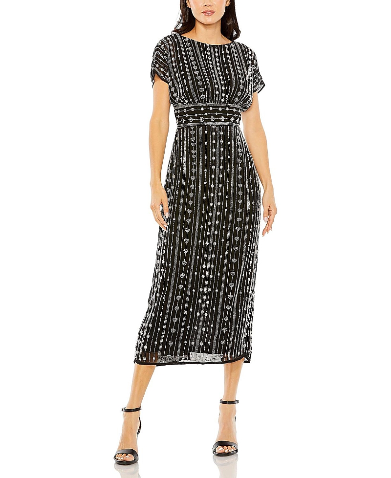 Mac Duggal Beaded Cap Sleeve Column Midi Dress