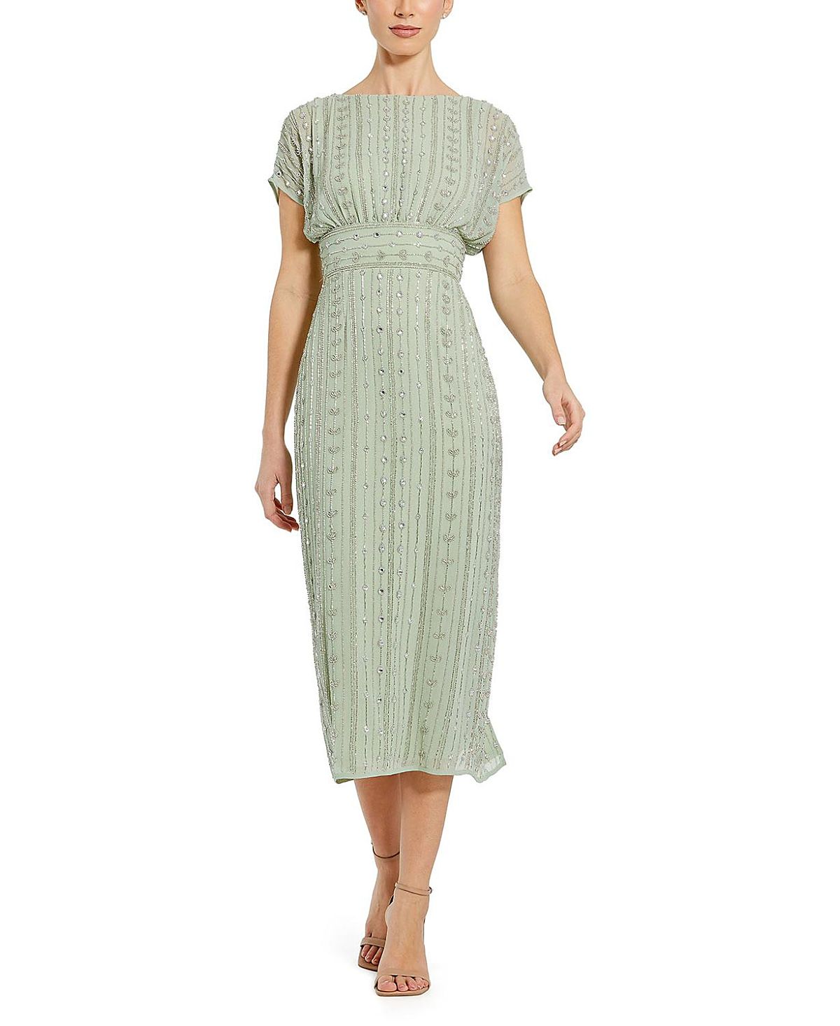 Mac Duggal Beaded Cap Sleeve Column Midi Dress