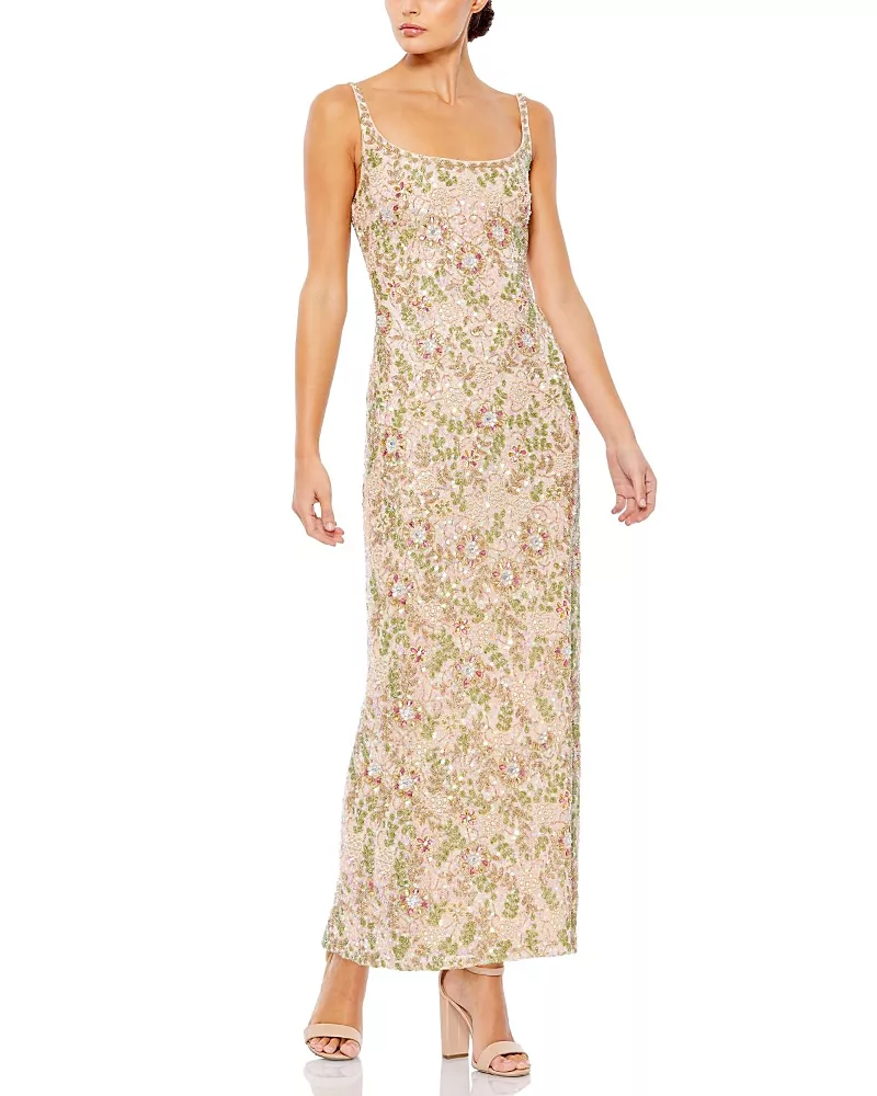 Mac Duggal Sleeveless Hand Beaded Floral Midi Dress