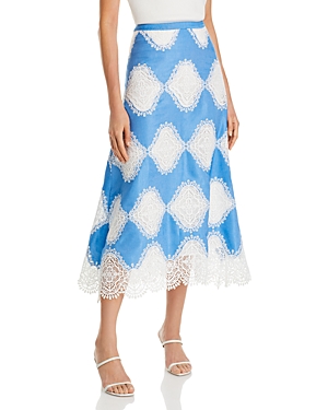 Shop Misook Lace Inset A Line Skirt In Adriatic Blue/white